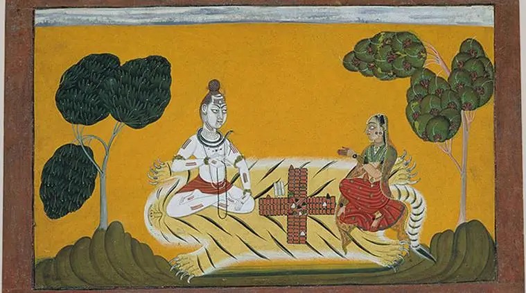 Chaupar game between Siva and Parvati. Basohli Painting